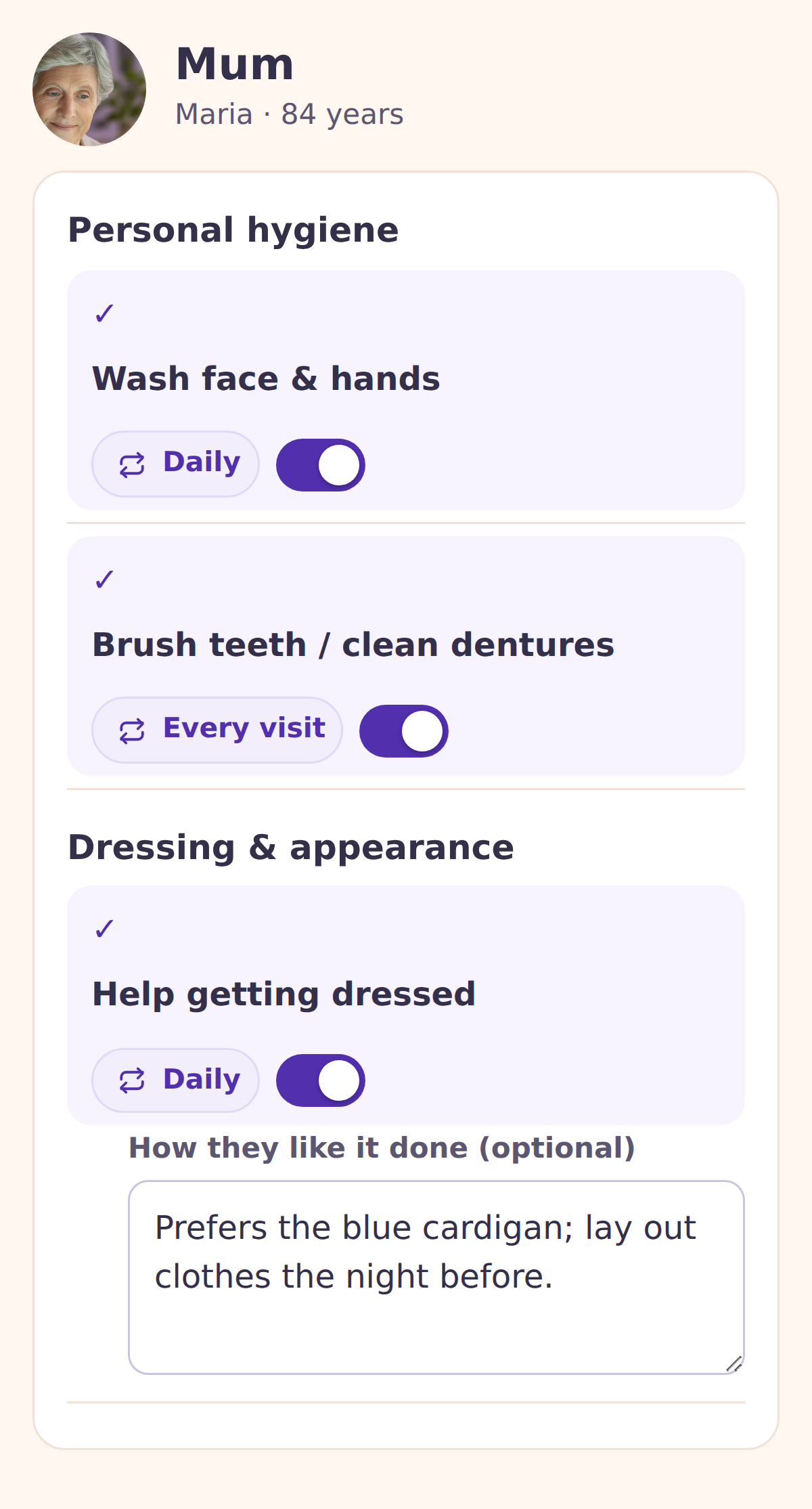 Task plan in the TrulyCared Connect app