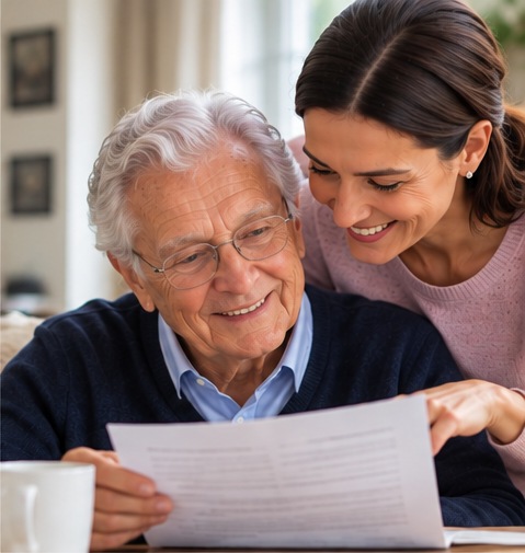 A father and his daughter going through a letter together over coffee