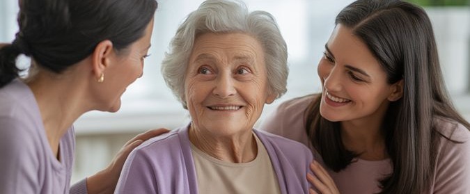 An older woman smiling between her two daughters at home