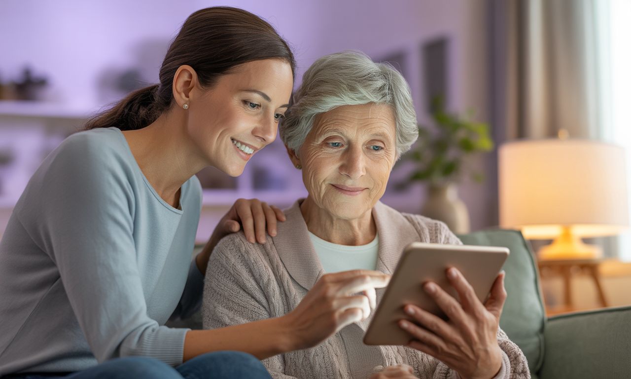 A daughter and her mother looking at a tablet together on the sofa